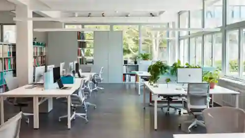 A calm bright modern office interior with white desks, plants, and large windows.