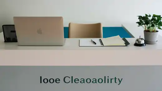 A welcoming bright reception desk with a laptop, notepad, and a small plant.