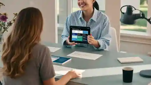 A friendly consultant showing simple options on a tablet to a client at a bright desk.