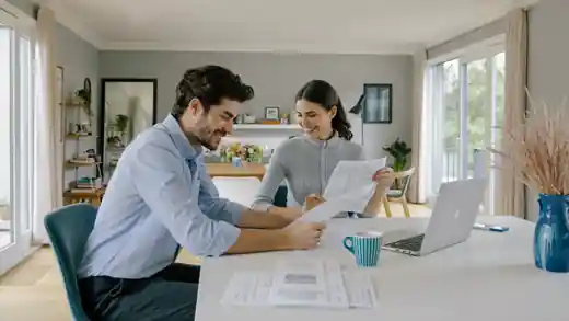 A couple at a bright home table reviewing tax documents together with a laptop.