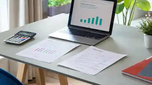 A clean bright desk with a calculator, neat documents, and a laptop showing a chart.